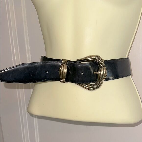 Vintage 1994 Brighton Wide Black Leather Belt with Ornate Gold Buckle - Picture 1 of 9